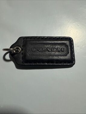 Coach 2” Black Leather Key Hang Tag with Embossed Logo and Silver Metal Ring